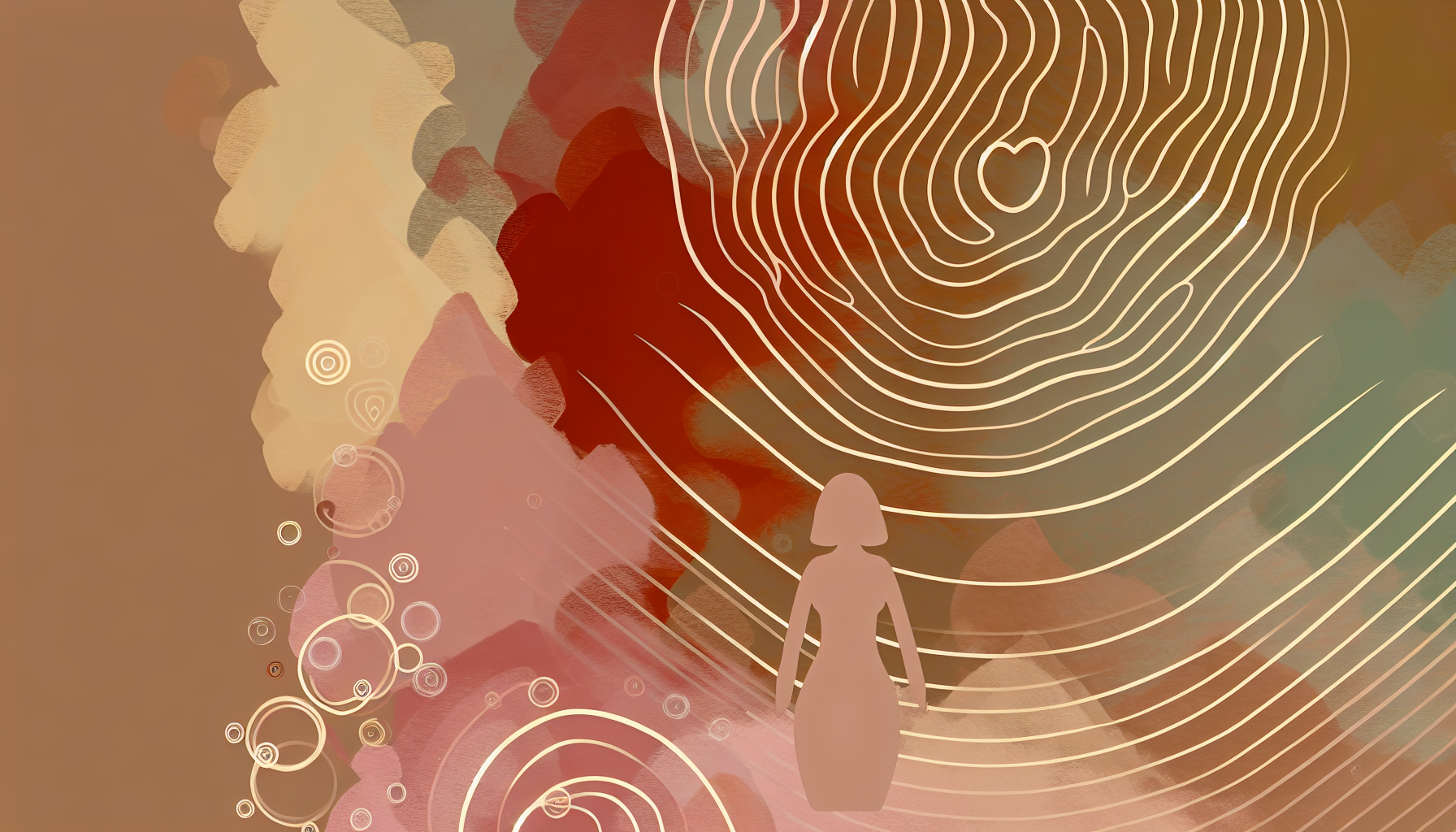 Abstract Bauhaus watercolor of concentric pulse rings and rhythmic waves in coral, red, and teal suggesting menopause heart palpitations.