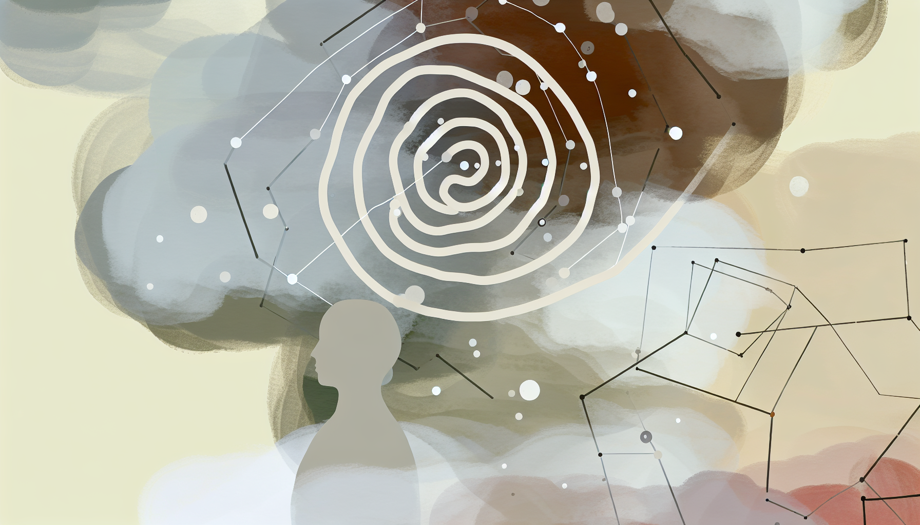 Abstract watercolor spiral and floating dots in cream, sage, and soft rose with clean negative space at the bottom.