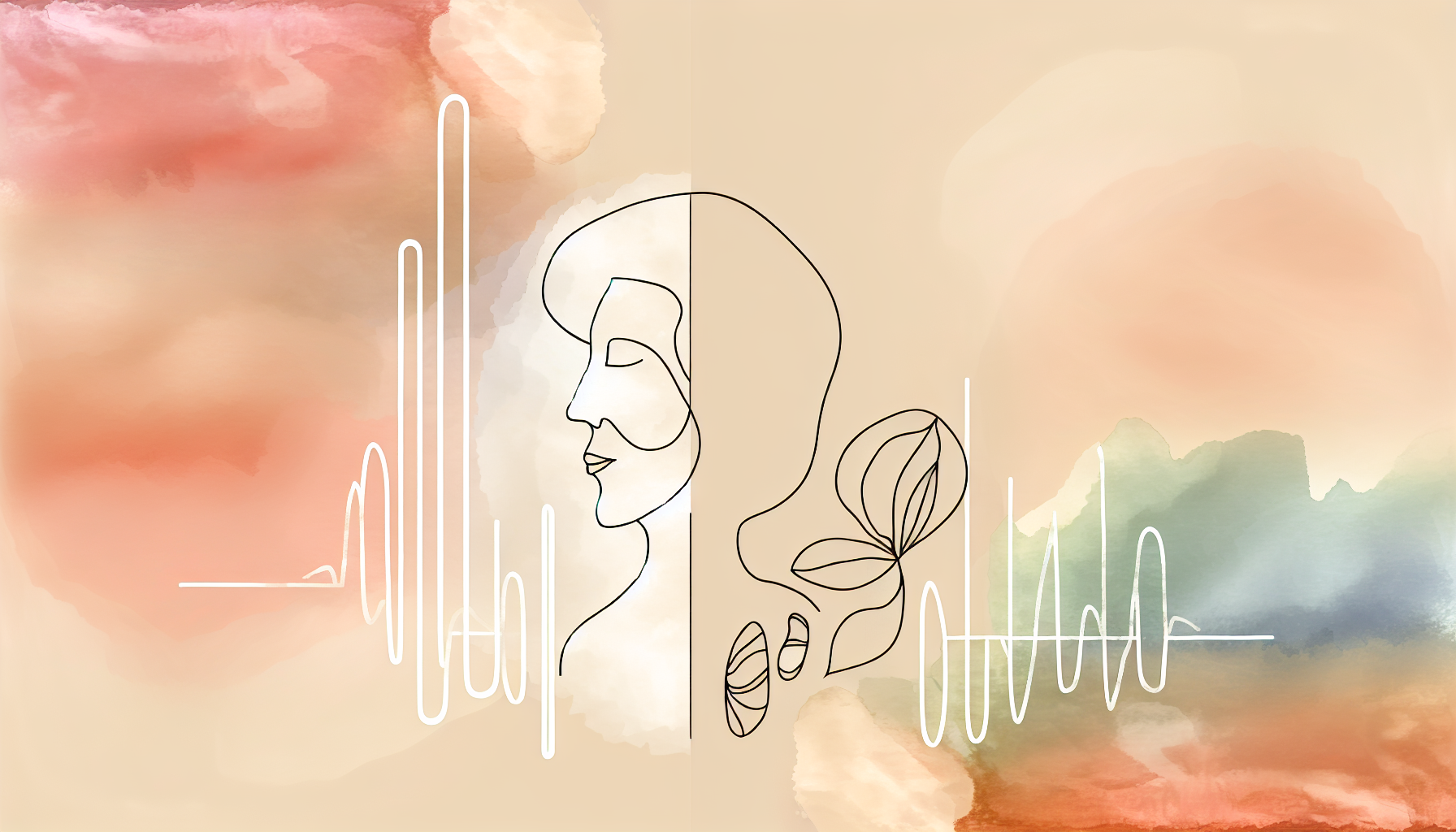 Abstract watercolor ripples and geometric arcs in cream, sage, and soft rose with open negative space at the bottom.