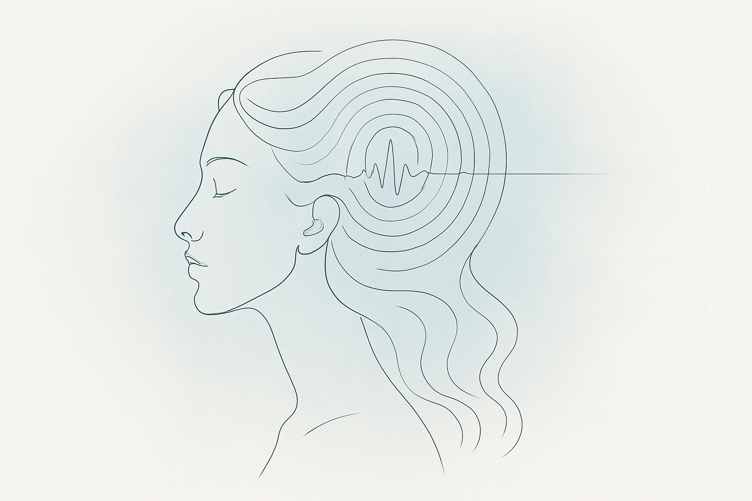 Abstract watercolor ripples and soft spiral in sage and rose, fading into a calm cream negative space.